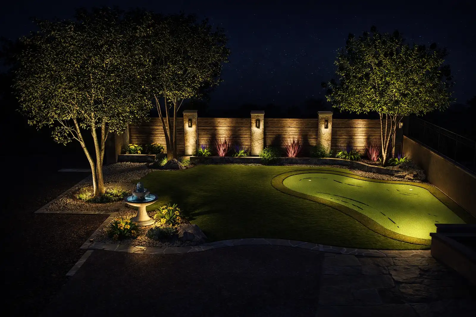 Nighttime uplighting on trees with a glowing putting green by Panjia Outdoors in North County San Diego