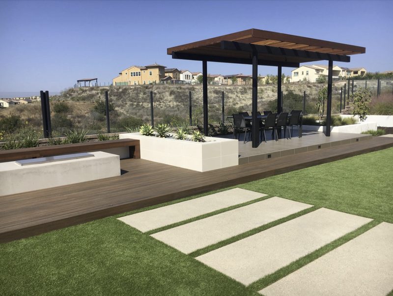 Pergola with deck and turf on hillside San Diego CA Panjia Outdoors